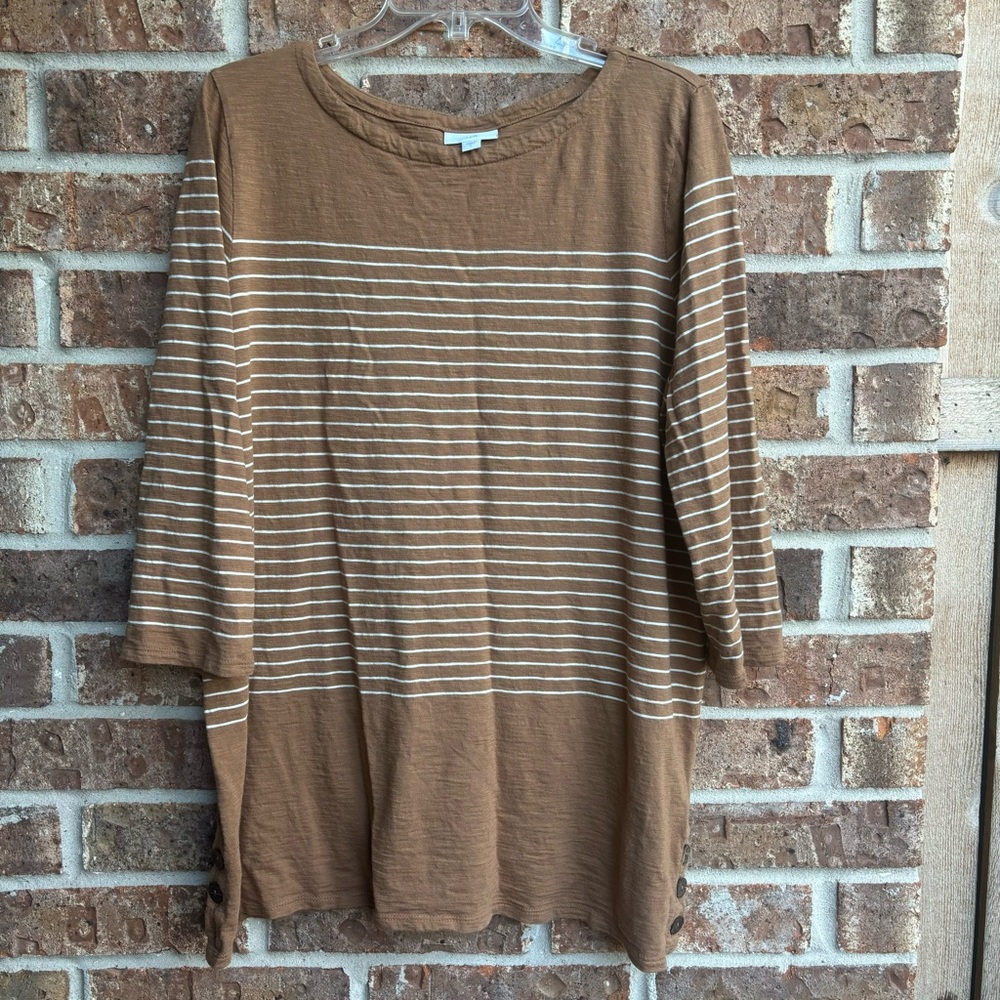 J. Jill Soft Side Buttoned Easy Tunic Vicuna Stripe  Brown Top